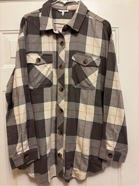 Maurices Cream and Charcoal Plaid Shacket with Subtle Red and Black Accents